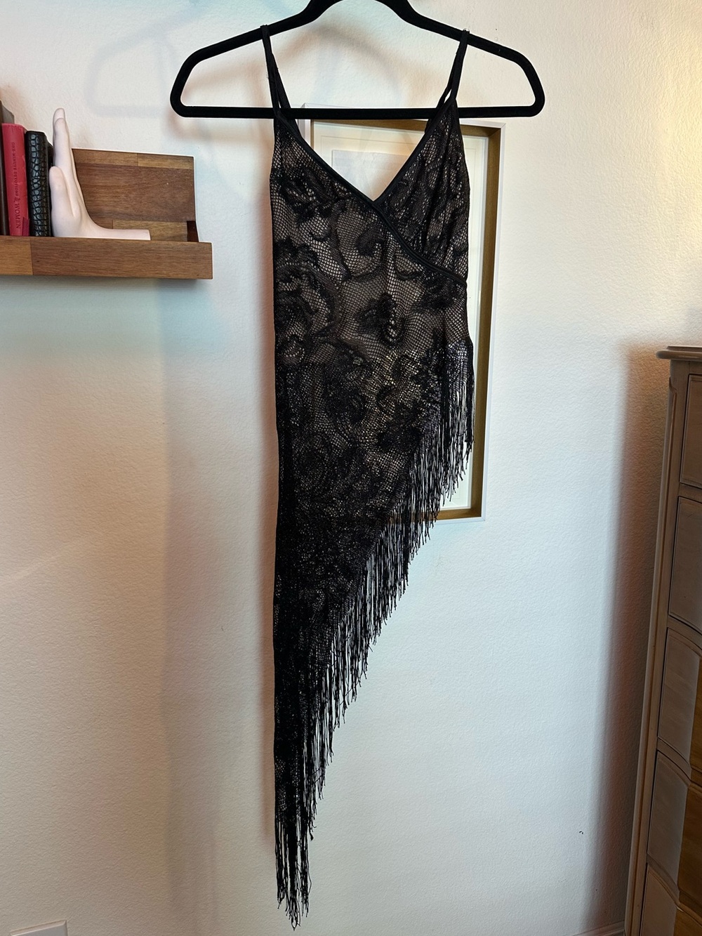 bebe Black Sheer Lace Fringe Asymmetrical Top